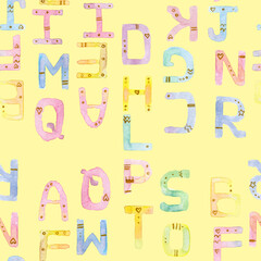 School letters and numbers Watercolor seamless pattern