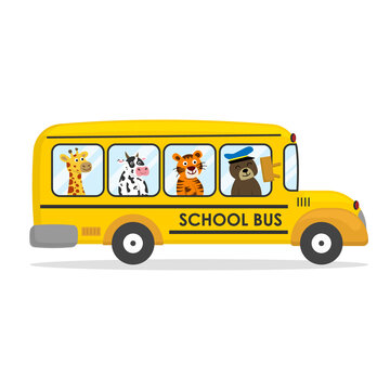 cute cartoon school bus with animal giraffe, cow, tiger and bear