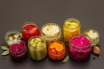 Assorted of fermented vegetables in glass jars