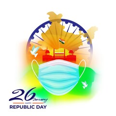 Naklejka premium Vector banner of Happy Republic day, 26 january, national holiday of India, abstract India flag, ashoka chakra, soldiers, flag hoisting ,template for website and social media.