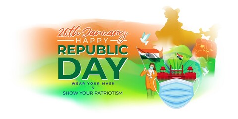 Vector banner of Happy Republic day, 26 january, national holiday of India, abstract India flag, ashoka chakra, soldiers, flag hoisting ,template for website and social media.