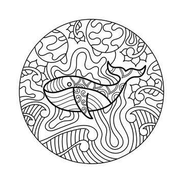 Coloring book. Whale, waves, fantastic patterns. Composition in a circle, doodle style.