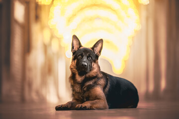 German Shepherd dog in an urban environment with christmas lights behind