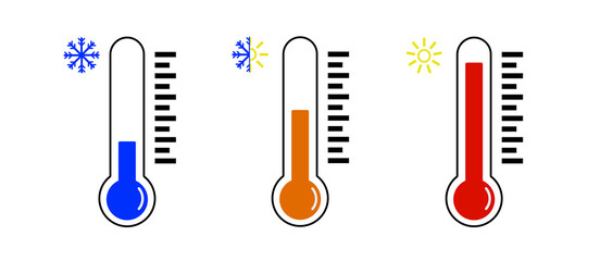 Temperature icon Set .Three different color vector thermometer.Cold.