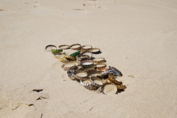Discarded rusty beer bottle caps in a human footprint at the beach