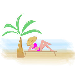 Girl on the beach under a palm tree