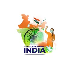 VECTOR ILLUSTRATION OF BACKGROUND CONCEPT FOR SELF DEPENDENT INDIA, GIRL WITH MASK SHOWING SUPPORT TO THE  NATION.
