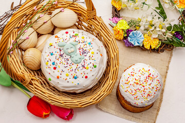 Fototapeta na wymiar Easter cakes on white putty background. Traditional Orthodox festive bread