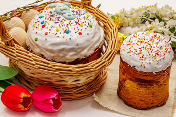 Obraz na płótnie Canvas Easter cakes on white putty background. Traditional Orthodox festive bread
