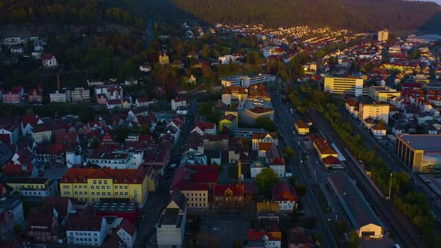 Aerial view of the city Albstadt in Germany on a sunny day in spring late afternoon.