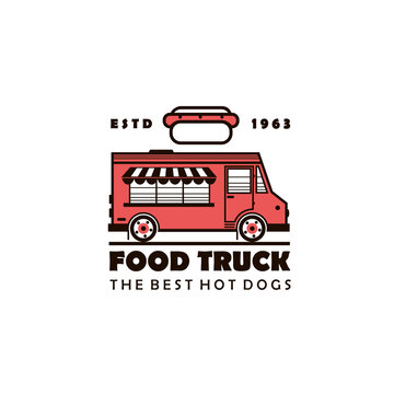 street food hot dog truck emblem isolated on white background