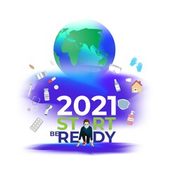 Vector illustration of 2021 start concept, finish 2020. Athlete runner preparing for running, new year 2021 is coming. Plans and goals of success.