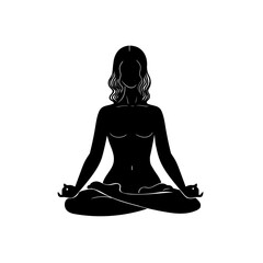 Black isolated silhouette of woman in lotus position on white background.Stock illustration isolated on white background.