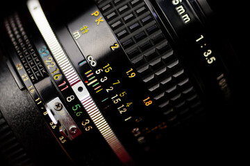 Old Mark Macro Lens Close Up. lens on dark background. Macro photo.