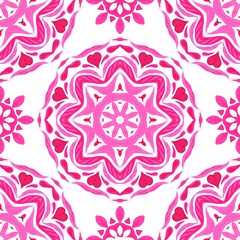 Pink and white hand drawn round mandala tile seamless ornamental watercolor paint pattern. Sun symbol decorated with herats