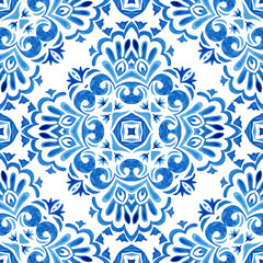 Seamless ornamental watercolor pattern tile. Azulejo tile design style