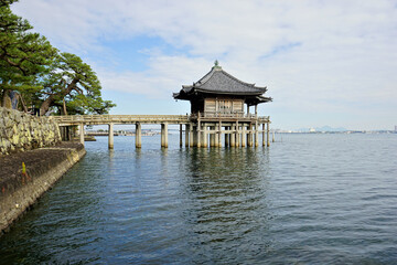 Mangetsu-ji or Mangetsuji Ukimido is a temple beside Lake Biwa in Otsu, Shiga, Japan - 滋賀 海門山 満月寺 浮御堂と琵琶湖