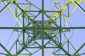 Electricity pole against blue sky clouds, Transmission line of electricity to rural, High voltage...