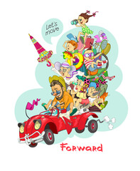 Funny vector illustration. Big friendly family travels in a retro car with the slogan under the slogan Move forward. 