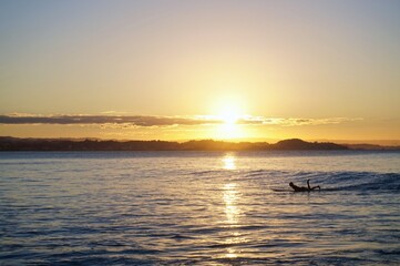 The setting sun reflects off the surface of the ocean as a surfer paddles for a wave - Gold Coast