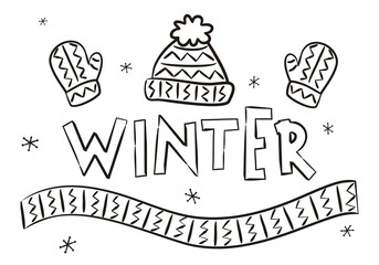 Knitted hat, scarf and mittens. Winter coloring. Elements for seasonal calendar. Hand-drawn doodle objects isolated on white background. Vector illustration