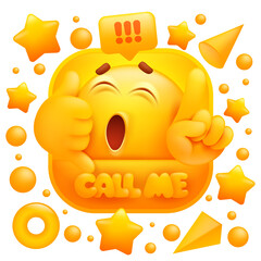 Call me sticker.Yellow emoji character making phone sign. cartoon 3d style. Social media icon.