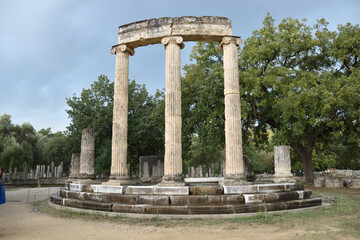 View of the main monuments and sites of Greece. Ruins of Olympia. Filipeion
