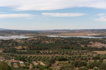 Lake water reservoir of Lucefecit Dam landscape from Terena castle in Alentejo, Portugal