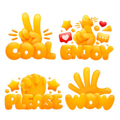 Set of emoji yellow hands in various gestures with titles Cool, enjoy, please, wow. 3d cartoon style.