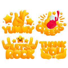 Set of emoji yellow hands in various gestures with titles Yummy, cheers, lets rock, thank you. 3d cartoon style.