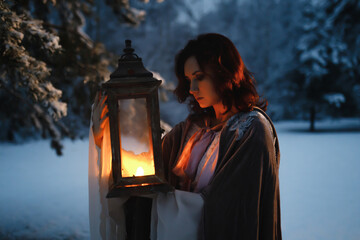 Beautiful fairytale shot of young woman looking at vintage lantern emitting warm light. Medieval...