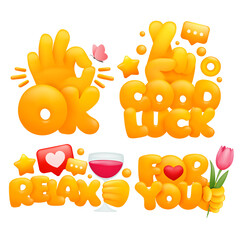 Set of emoji yellow hands in various gestures with titles Ok, Good luck, relax, for you. 3d cartoon style.