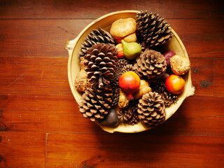 Rustic photo on a dish filled with food and items from the countryside.