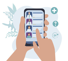 Choosing a doctor online. Telemedicine, remote medical services. Search for a specialist for medical consultation and diagnosis on the Internet. Portraits of different specialist doctors. flat vector