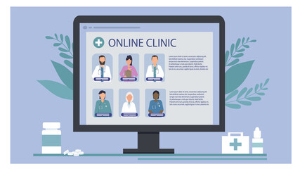 Choosing a doctor online. Telemedicine, remote medical services. Search for a specialist for medical consultation and diagnosis on the Internet. Portraits of different specialist doctors. flat vector