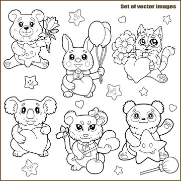 cute cartoon animals, coloring book, funny images set