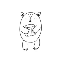 Bear with a barrel of honey in its paws. Vector hand-drawn doodle illustration. Black and white outline. Coloring.
