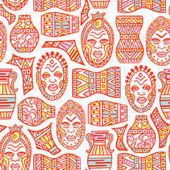 African ritual masks and souvenirs seamless pattern in bright colors