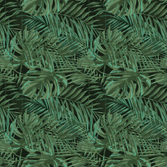 Fototapeta na wymiar modern seamless pattern of tropical jungle plants and sentries. Complex shades of green. Spring and summer design is perfect for printing booklets, prints, factories, clothing. EPS10