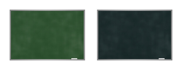Dirty black and green blackboard with silver frames isolated on white background