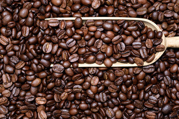 Close up, texture and background of roasted fresh coffee beans with a small wooden scoop in it