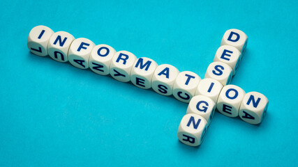 information design crossword in dice letters, business and communication concept