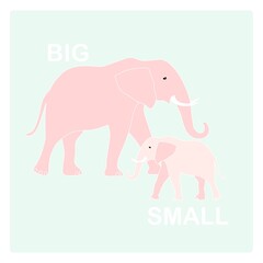 Big and small opposite adjective vector illustration for english lesson education pink elephan