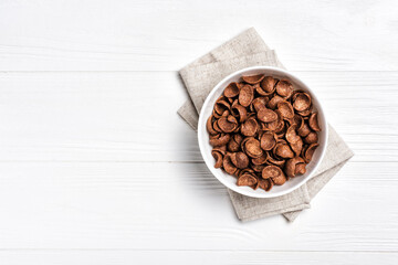 Tasty breakfast with sweet chocolate cereal flakes