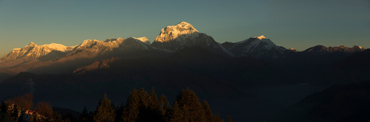 Fototapeta na wymiar Himalayan mountain Dhaulagiri peak during sunrise in Nepal.