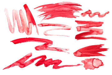 rote, dekorative Linien, Zickzack oder  welle mit Aquarellfarbe isoliert hinter weißem Hintergrund