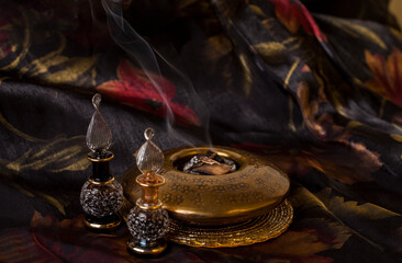 Agarwood, also called aloeswood, essential oil and burning incense chips