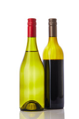 Bottles of white red and wine on white background