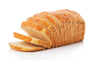 The cut loaf of wheat bread with reflection isolated on white