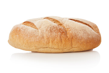 long loaf of whole wheat bread on white background.